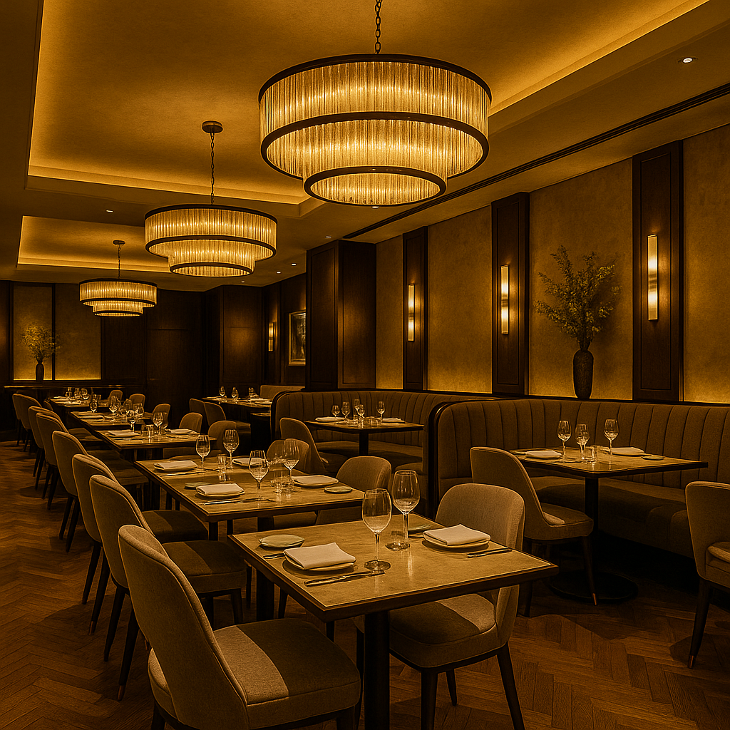 Fine-dining restaurant with ambient gold lighting