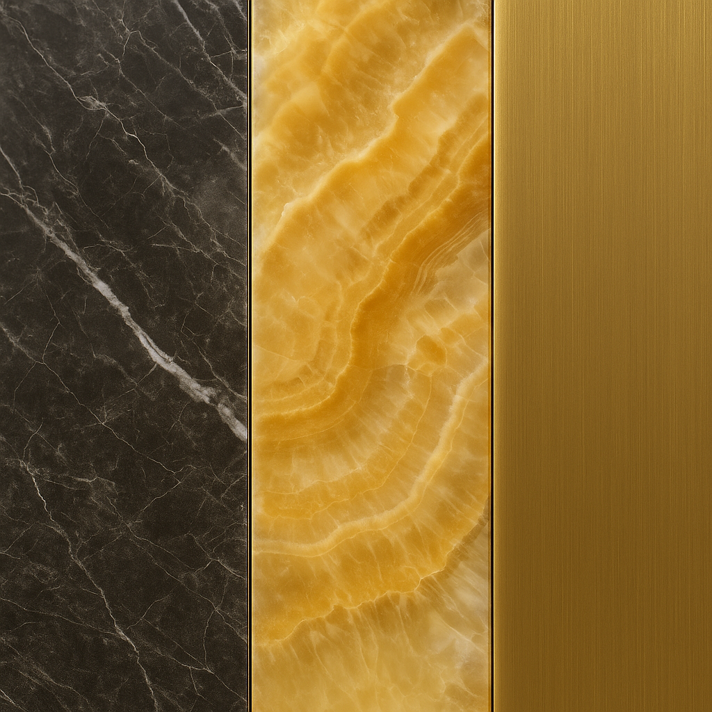 Close-up of marble, onyx and brass finishes