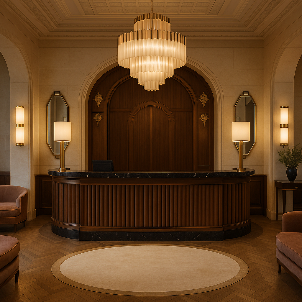 Boutique hotel lobby with art-deco revival detailing