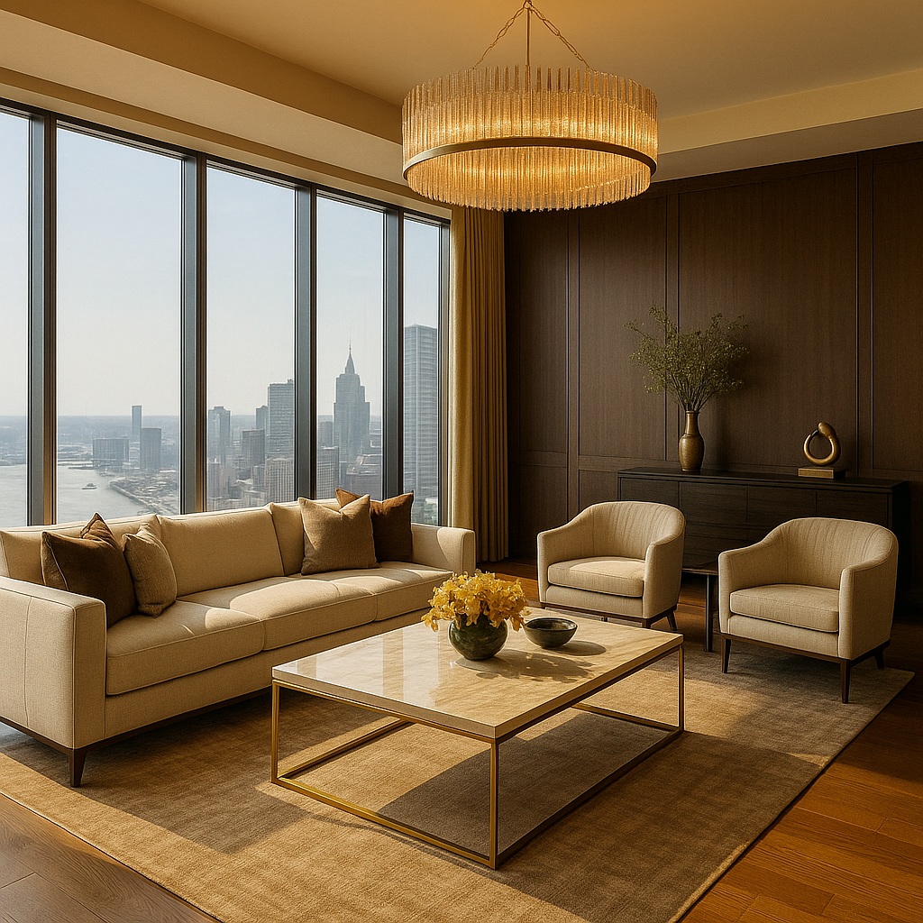 Penthouse living room with modern classic gold accents